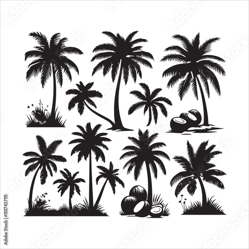 Coconut tree silhouette vector, Tropical coconut tree icon