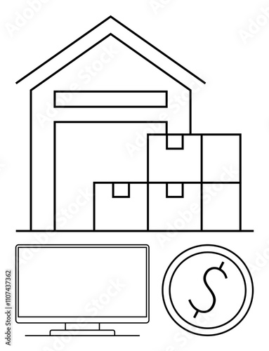 Warehouse building with stacked boxes, computer monitor, and currency symbol. Ideal for logistics, e-commerce, storage solutions, inventory management, online sales, warehouse operations supply