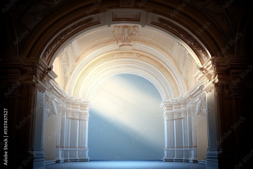 Fototapeta premium This image features an ornate archway illuminated with soft light, highlighting intricate architectural details that invite viewers into a serene and majestic space.