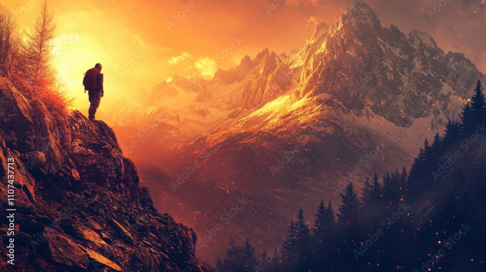 Majestic Sunset Over Mountain Peaks with Silhouette of a Hiker Standing on Rocky Outcrop Amidst Fiery Orange and Golden Skies Majestic Sunset Over Mountain Peaks with Silhouette of a Hiker Standing on Rocky Outcrop Amidst Fiery Orange and Golden Skies