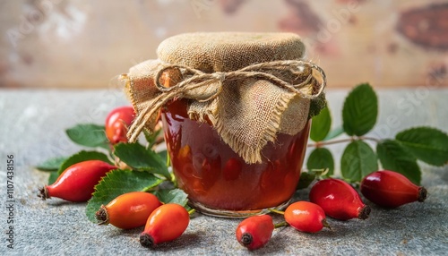 Glass jar of homemade rosehip jam tied with a rustic fabric cover and surrounded by fresh berries and green leaves photo