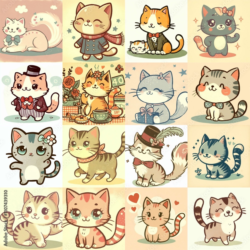 Fototapeta premium Cute cartoon cats . AI generated illustration