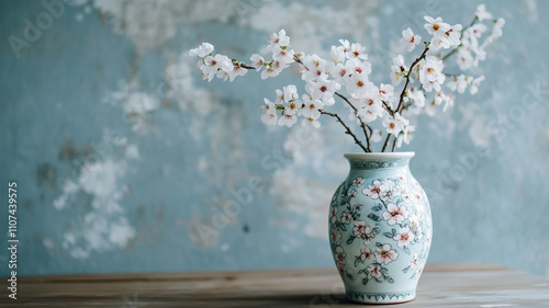 桜の枝と伝統的な陶器の花瓶が飾る静かな空間