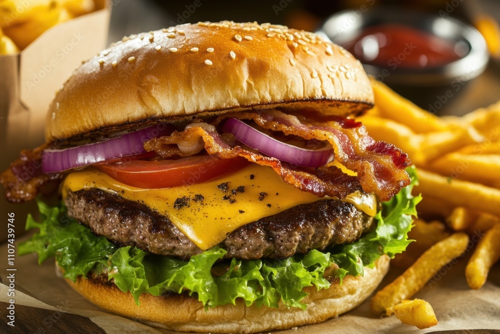 A juicy beef burger topped with cheddar cheese, crispy bacon, lettuce, tomato, and onion, served on a sesame seed bun with a side of golden fries, capturing the essence of a classic American meal. A juicy beef burger topped with cheddar cheese, crispy bacon, lettuce, tomato, and onion, served on a sesame seed bun with a side of golden fries, capturing the essence of a classic American meal.