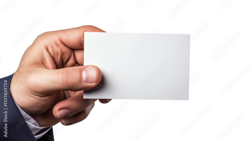 Obraz premium Hand in suit holding blank business card isolated on transparent background