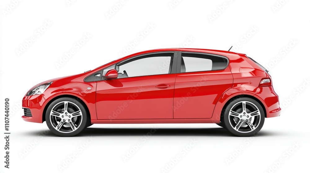 Fototapeta premium A sleek red hatchback car shown from the side, highlighting its sporty design and wheels.