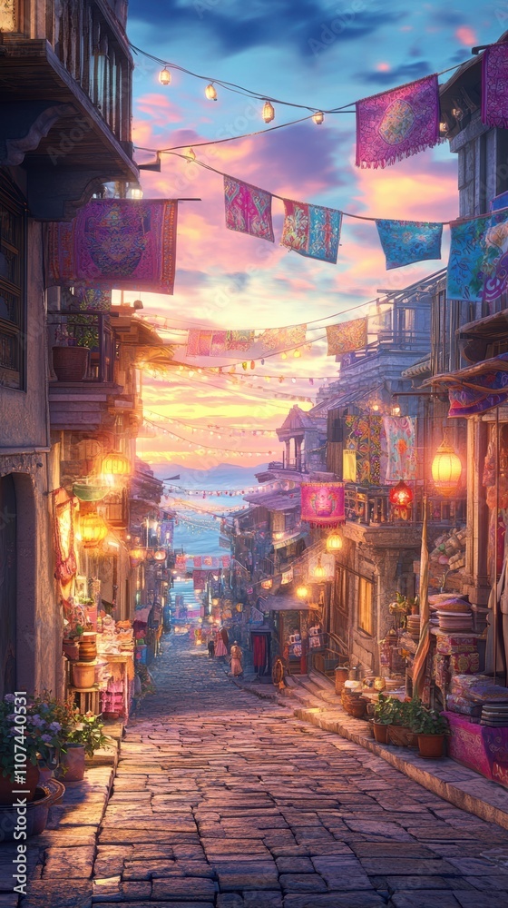 Obraz premium Cultural festival street with lanterns and colorful decorations at twilight