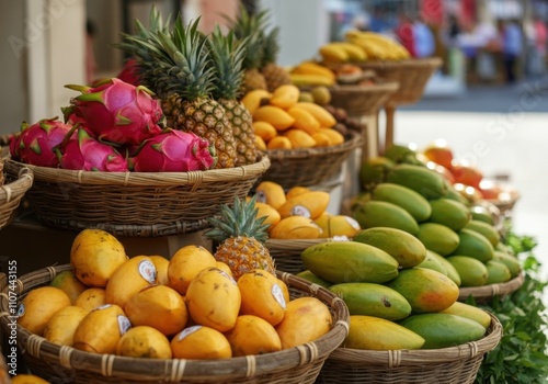 Wallpaper Mural Wicker baskets overflowing with colorful and fresh exotic fruits, creating a vibrant display at a market Torontodigital.ca