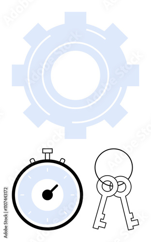 Gear stopwatch and keys represent mechanical efficiency time management, and security. Ideal for themes of productivity, punctuality, planning, teamwork, precision, and safety. Line metaphor