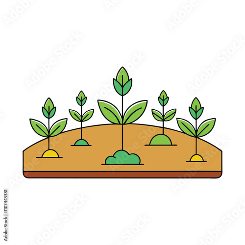 A vibrant vector illustration of healthy plants growing on a farm, showcasing lush greenery, rich soil, and sunlight symbolizing sustainable agriculture and growth.