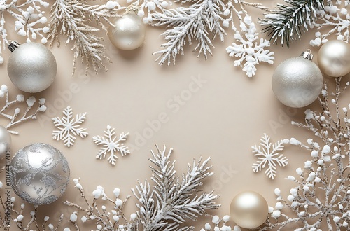 A soft beige background with scattered Christmas decorations, including snowflakes and silver ornaments