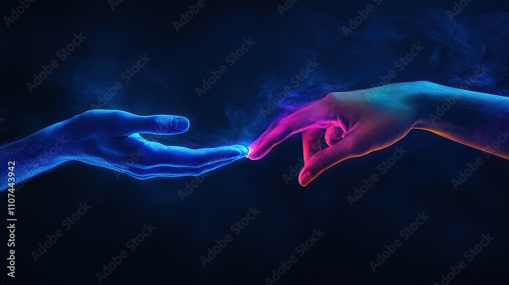 Obraz premium A vibrant depiction of two hands reaching towards each other, symbolizing connection.