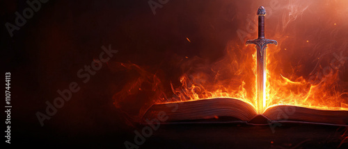 A medieval sword emerges from an open book surrounded by dramatic flames and sparks against a dark background. Generative AI sword of the spirit, Holy bible