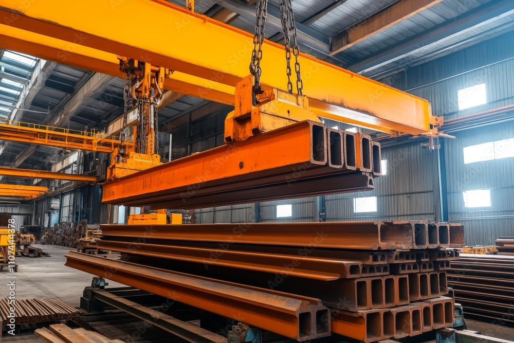 Industrial warehouse with overhead crane lifting steel beams in a manufacturing facility for construction and engineering applications