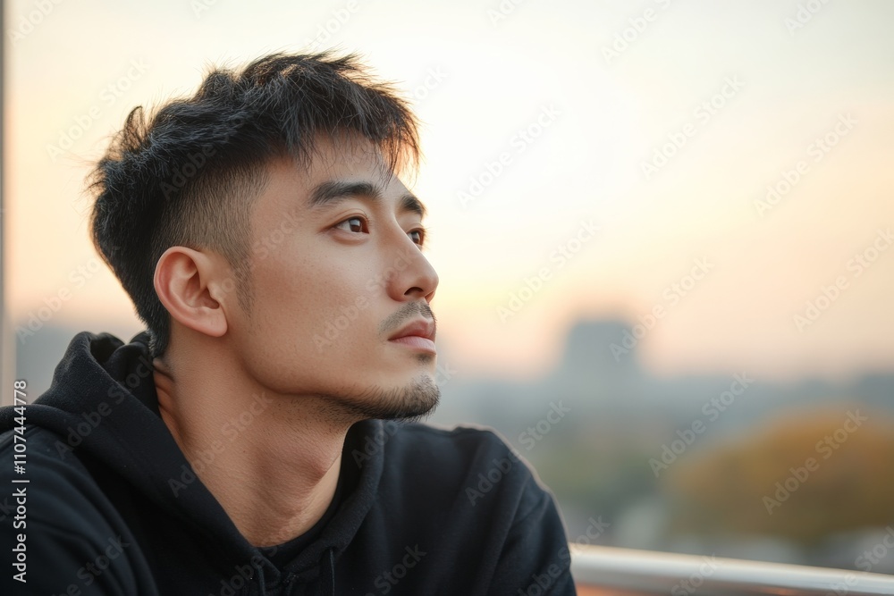 Fototapeta premium A contemplative young man looks towards the horizon at dusk, his profile illuminated by a warm glow, capturing the essence of introspection and serenity amidst urban life.