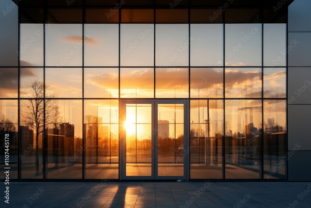 Fototapeta premium A mesmerizing view of a glass entrance reflecting the vibrant sunset, capturing the perfect harmony of nature and modern architecture in a serene city environment.