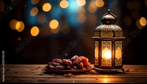 Ramadan lantern with dates on wooden table,blur background-Ramadan theme photo