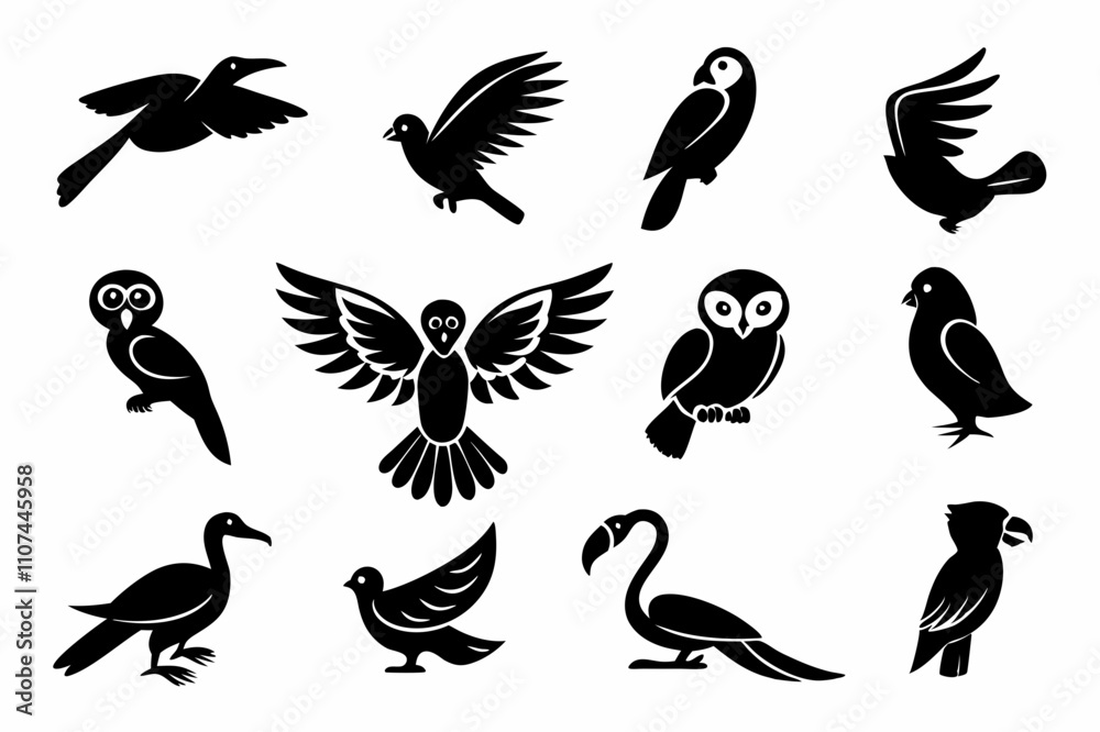 Obraz premium Diverse Bird Silhouette Set – Elegant Black Bird Designs for Creative Projects
