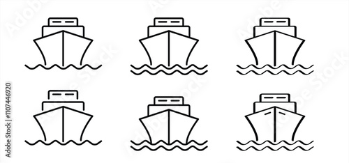 Cartoon boats line pattern. ship, boat, ferry or ferryboat outline logo. Fishing boat sign. Water transport concept. Maritime motorboat, sea or ocean ships. Water wave.