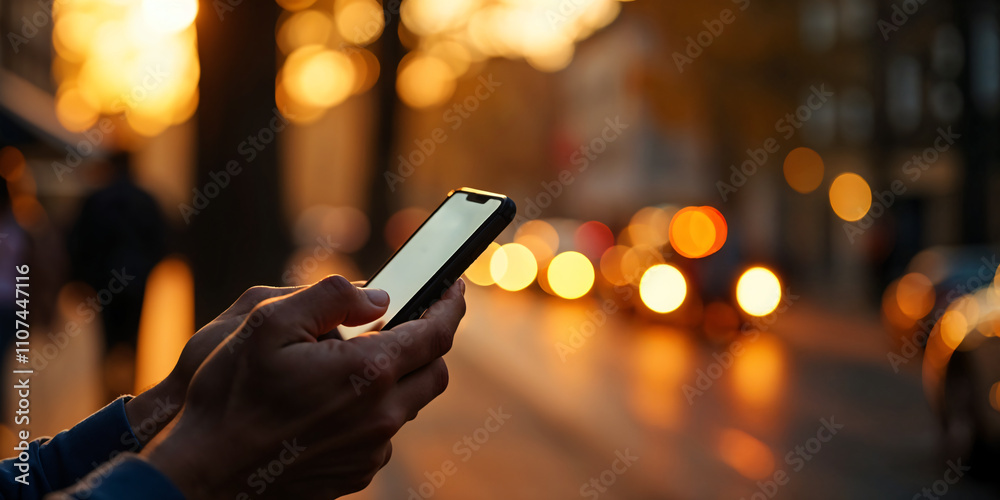 Human hand connecting to network on smartphone while standing on roadside, car lights at night. Human hand connecting to network on smartphone while standing on roadside, car lights at night.
