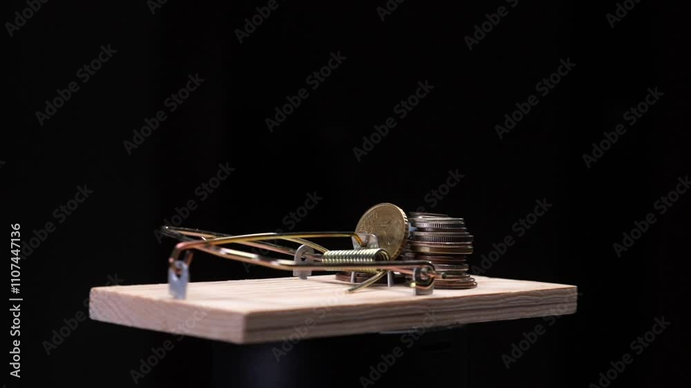 Mouse trap holding stack of coins on black background
