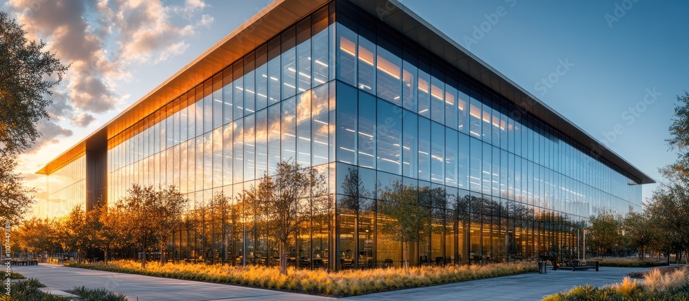 Obraz premium Modern glass office building at sunset. (1)