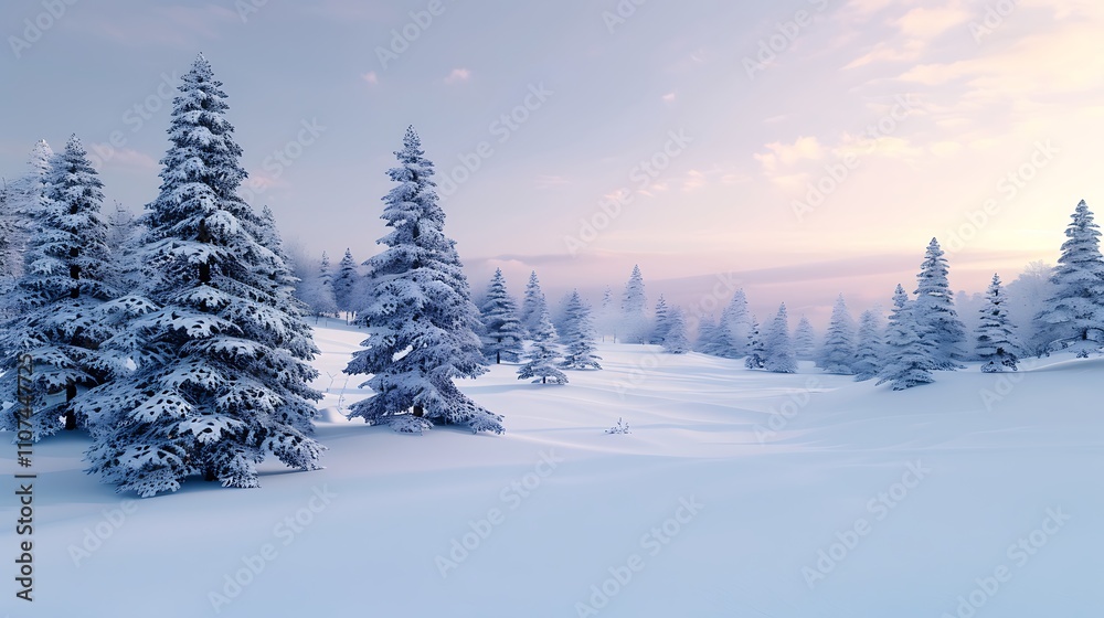 Obraz premium A tranquil snowy landscape with pine trees and a serene winter sky