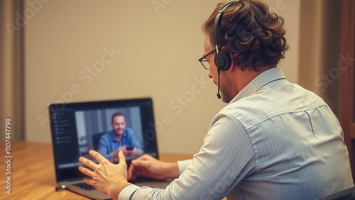 Remote Video Call , A man wearing a headset and glasses is engaged in a video call on his laptop. He sits at a desk, actively participating in the conversation displayed on the screen. photo