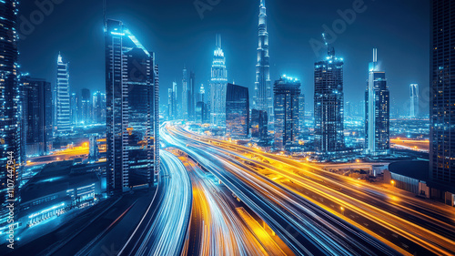 Cars on the highway with blue and yellow light trails