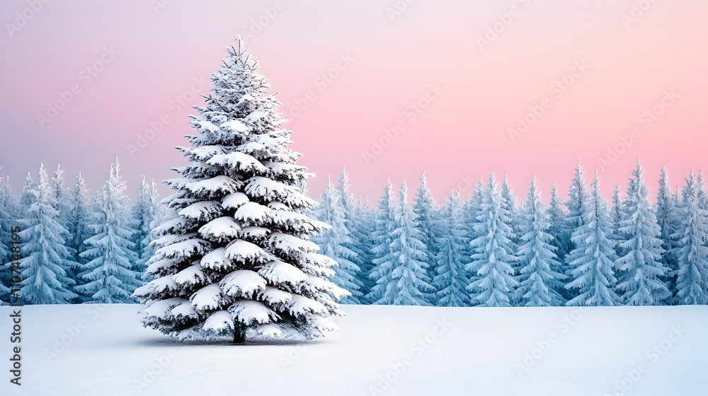 Fototapeta premium Snowy Pine Tree Surrounded by Winter Forest