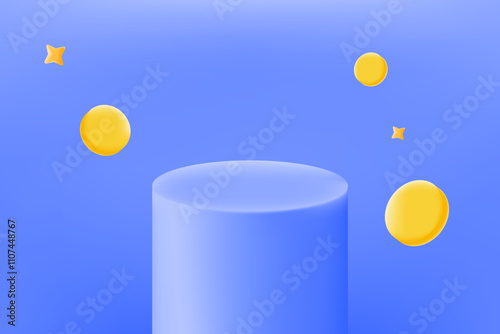 blue pedestal with floating golden coin and stars. Product display, minimalist design concepts