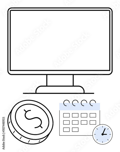 Computer screen along with calendar, clock, dollar coin. Ideal for productivity, business scheduling, financial management, project planning, time tracking budgeting digital workspace. Line