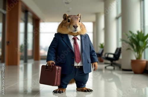 A groundhog in a business suit, standing confidently in an office lobby, holding a briefcase. Happy groundhog day photo