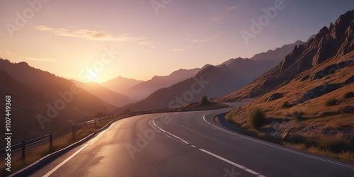 Loneliness of an empty winding road in the mountains at sunset, bright, solitude, sunset