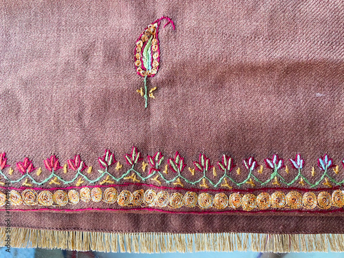 woolen fabric featuring an intricate Kashmiri hand-embroidered border with elegant paisley motifs