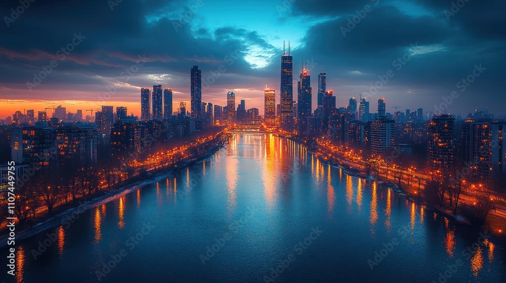 Fototapeta premium Cityscape at sunset, reflected in calm water.