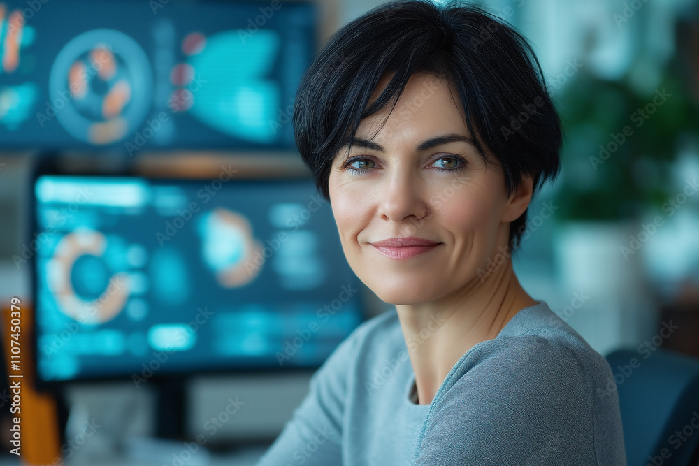 Fototapeta premium Woman smiling in a modern office setting with technology screens. Generative AI