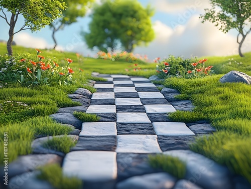 A clay-style checkered chessboard made of spliced grasslands with a simple centered background photo