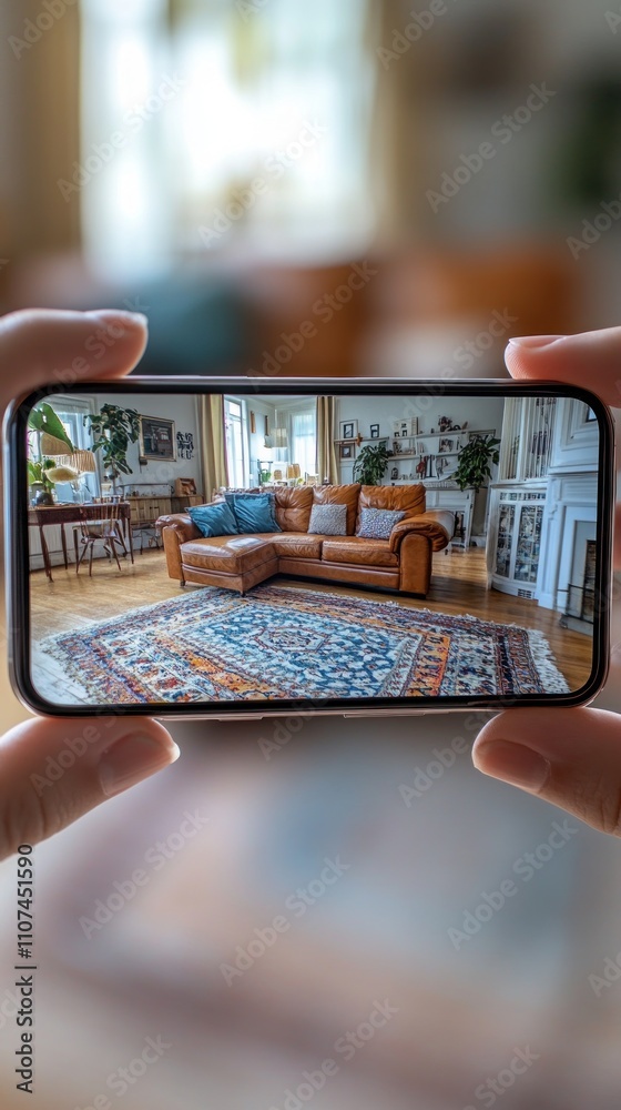 A hand holding a smartphone that is taking a picture of a living room. A hand holding a smartphone that is taking a picture of a living room.
