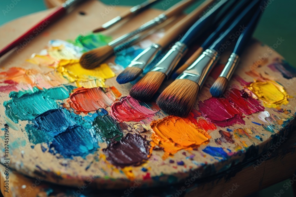 Fototapeta premium Colorful paint palette with various paintbrushes.