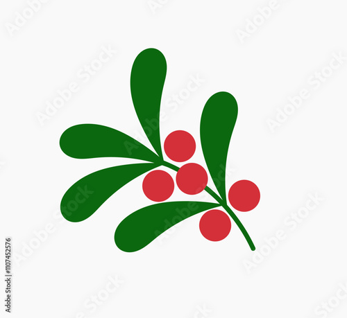 Mistletoe branch with red berries Christmas plant symbol. Holly design element. Vector illustration.