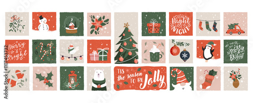 Cute hand drawn Christmas advent calendar. Lovely doodle drawings, vector design