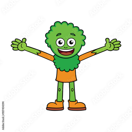 A cheerful tree hugger with arms outstretched, embracing a large, leafy tree. They radiate joy and connection with nature, surrounded by greenery and a peaceful forest vibe.