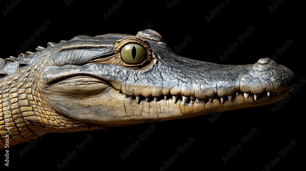 Fototapeta premium Close-up of a crocodile's head with a green eye and sharp teeth against a black background.
