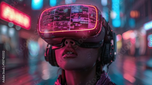 Futuristic woman wearing virtual reality headset in city at night