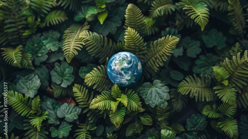 A small blue ball representing Earth nestled amidst a lush, green forest, emphasizing the importance of biodiversity and the interconnectedness of life