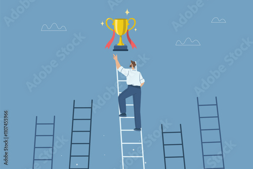 Businessman chooses to climb a high ladder and reach out to grab a trophy, Ladder to success, Inspiration and ambition to achieve success, Different creative idea concepts, Flat vector illustration.