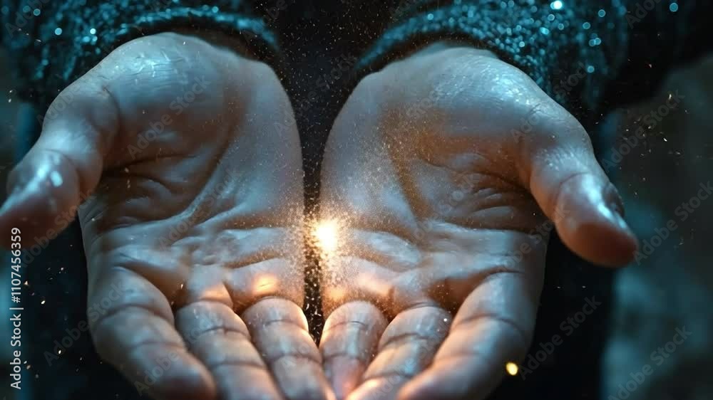 A person using a bright light in their palms to connect with higher spiritual energy A person using a bright light in their palms to connect with higher spiritual energy
