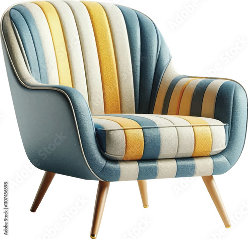 Realistic Comfortable Armchair With a blue and yellow-striped Design 