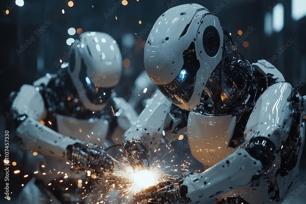 Fototapeta premium Two humanoid robots welding metal in a factory with sparks flying.
